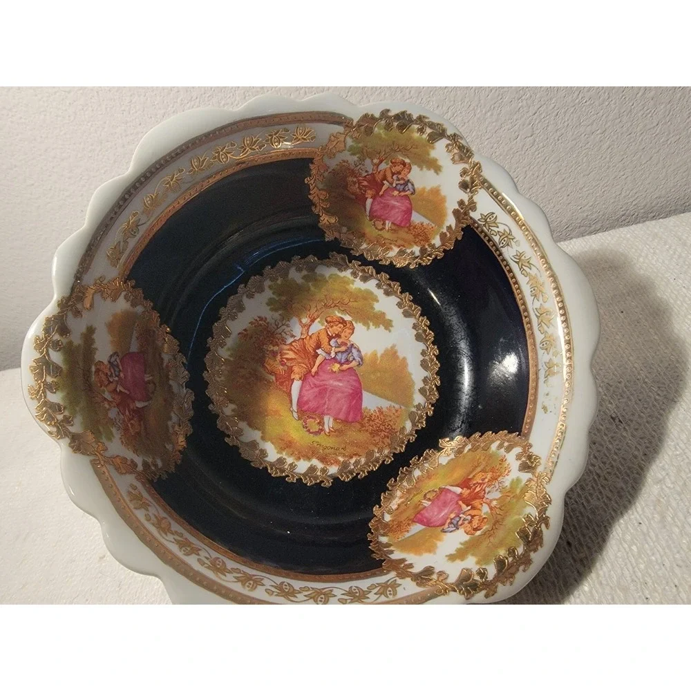 FRAGONARD VINTAGE COBALT GOLD EUROPEAN DESIGN DECORATIVE PORCELAIN BOWL‎